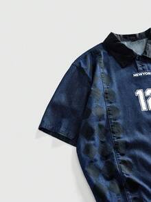 ROMWE MEN Street Life 男士休闲牛仔 Polo 衫，采用数字针织设计 - 藍色 - 查看 4