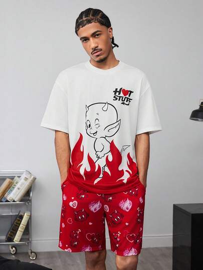 HOT STUFF X SHEIN Men's Casual Flame & Cartoon Print Short Sleeve T-Shirt And Shorts Loungewear Set, Summer