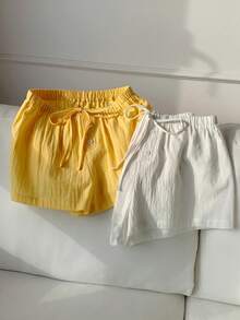 SHEIN EZwear 2条装100%水洗棉女士宽松休闲短裤，马卡龙奶油色和柠檬黄，适合夏季、度假、情人节、海滩度假、春季郊游 - 彩色 - 查看 5