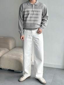 DAZY Men's Striped Gray Polo Neck Sweater, Spring/Autumn - Multicolor - View 7