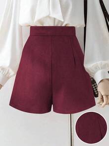 Lyxana 女士优雅复古麂皮褶皱A字高腰阔腿短裤，秋冬季百搭，适合度假和日常穿着 - 酒紅色 - 查看 2