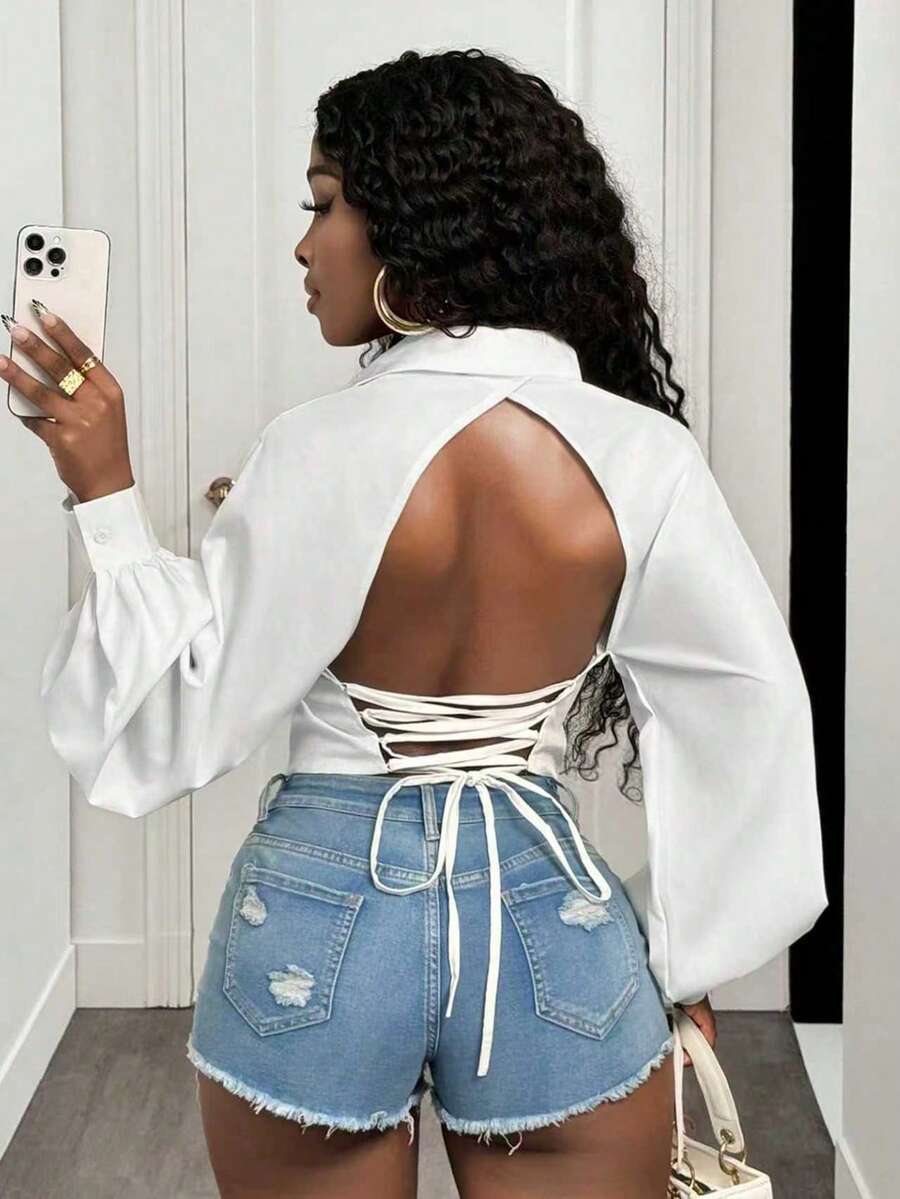 BamGleam Áo sơ mi trơn màu hở lưng thiết kế thắt nơ gợi cảm tay lỡ hở vai cho nữ - trắng - Xem 1