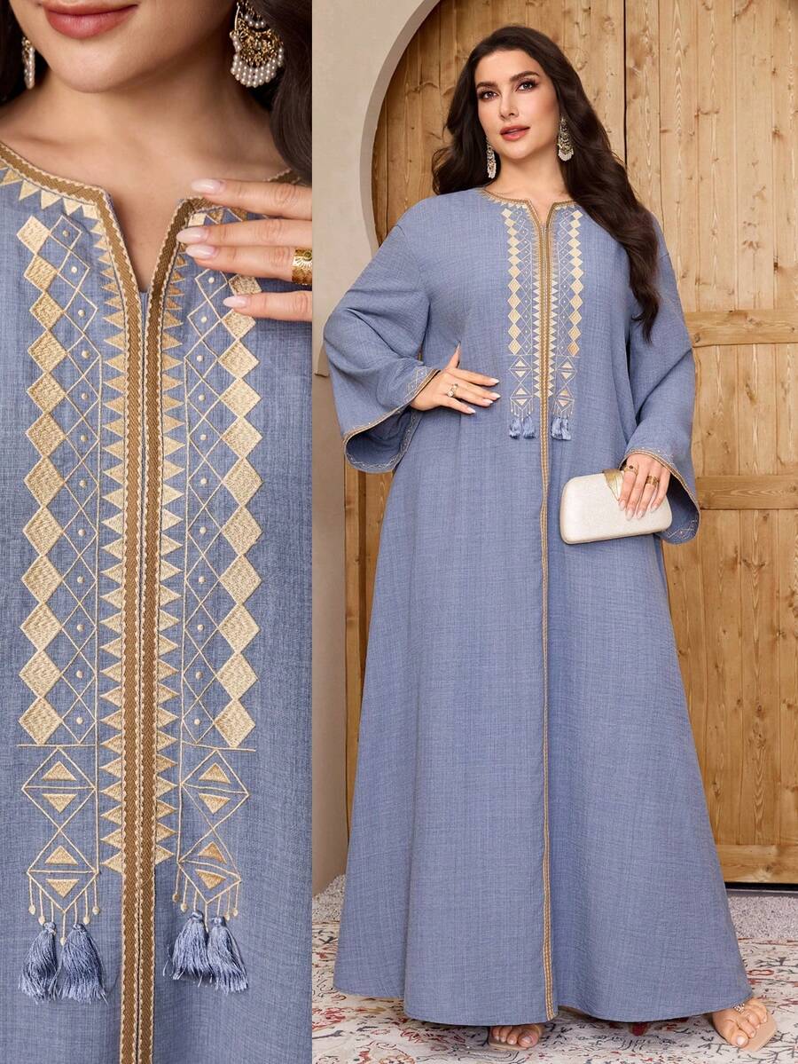 Al Najma 大码女式几何刺绣V领长袖宽松阿拉伯风格连衣裙 - 藍色 - 查看 1