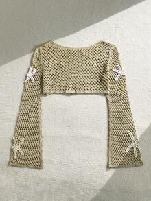 Soleia Beach Outfit For Women Summer Outfits  Vacation Outfits Women Women's Summer Vacation Beach Starfish Crochet Flare Sleeve Cover Up Cover Up - Khaki - View 2