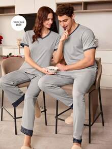 CoupledUp Plaid Print Patchwork V-Neck Short Sleeve Pants Men Pajama Set Men Lounge Set V Neck Lounge Wear Men's Sleepwear Couple Pjs Couple Matching Pajamas Set - Grey - View 1