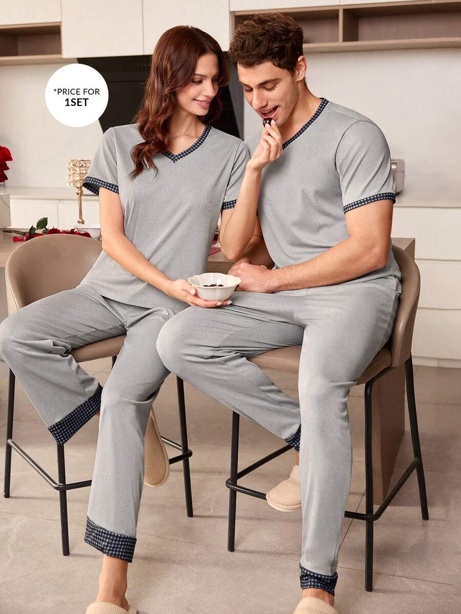 CoupledUp Plaid Print Patchwork V-Neck Short Sleeve Pants Men Pajama Set Men Lounge Set V Neck Lounge Wear Men's Sleepwear Couple Pjs Couple Matching Pajamas Set - Grey - View 1