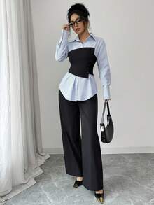 Siren Gaze Women's Blue Striped Long Sleeve Blouse With Black Corset Overlay & Wide Leg Pants Set,Blackness,Autumn,Elegant,Office 2 Pieces Patchwork Casual Suit - Multicolor - View 7