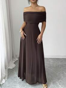 Elegant Brown Knitted Off The Shoulder A Line Maxi Dress With Short Sleeves Flared Hem And Zipper Detail - Brown - View 6