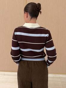 Kuleshova Áo len dệt kim dáng rộng cổ polo họa tiết sọc tương phản màu nâu và xanh dương thời trang thu/đông dành cho nữ - Nhiều màu - Xem 2