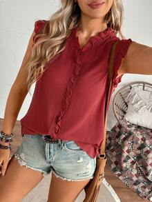 Women's Western Casual Red Crinkle Fabric Ruffle V-Neck Gathered Shoulder Blouse, LanaWest - Red - View 3