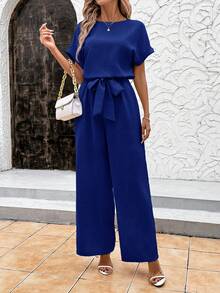 SHEIN Clasi 夏季优雅女士蓝色凉爽亚麻褶皱面料短袖连体裤，带肩袖和系腰带，适合各种场合，日常旅行、外出等。 - 藍色 - 查看 6