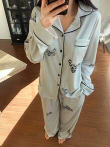 DAZY Schmetterlingsmuster Kontrastfarben Saum Locker Sitzender Damen Pyjama Set - Grau - Übersicht 1