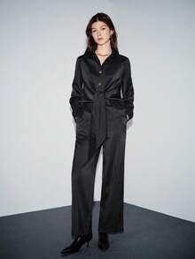 Lumivelle 女士经典领结衬衫+高腰垂褶阔腿裤套装（2件套），休闲精致的办公室着装，春秋季 - 藏蓝色 - 查看 3