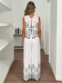 Elyressa 女士棕榈树印花圆领背心和裤子休闲套装，度假装 - 白色 - 查看 2