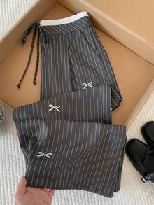 Comfortcana Women's Casual Everyday Striped Bow Print Pants - Grey - View 3