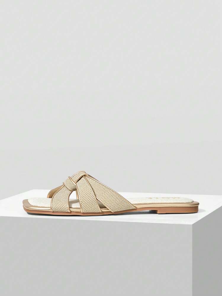 MOTF PREMIUM SQUARE-TOE SIMPLE AND COMFORTABLE WOMEN FLAT SANDALS FOR SUMMER VACATION, BACK TO SCHOOL COLLEGE STUDENT SHOES, FOR NEW YEAR HOLIDAY, SPRING SHOES SPRING BREAK EASTER VALENTINE'S DAY SPRING SHOES SUMMER SHOES - Gold - View 4