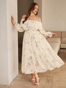 Roveilla 2026 Vestido largo maxi con cuello cuadrado, hombros descubiertos, manga larga elástica en la cintura, bajo con volantes, de tela de gasa con forro floral, talla grande para mujeres - Albaricoque - Ver 4