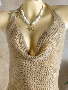 Soleia 女士夏季度假沙滩垂褶领露背罩衫连衣裙 - 卡其色 - 查看 6