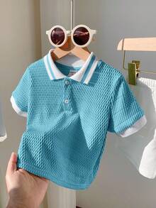 Set 2pcs Baju Bayi Laki-laki/Perempuan Atasan Pullover Lengan Pendek Kerah Polo Warna Kontras dan Celana Pendek Warna Polos dengan Pinggang Elastis - Biru - View 7