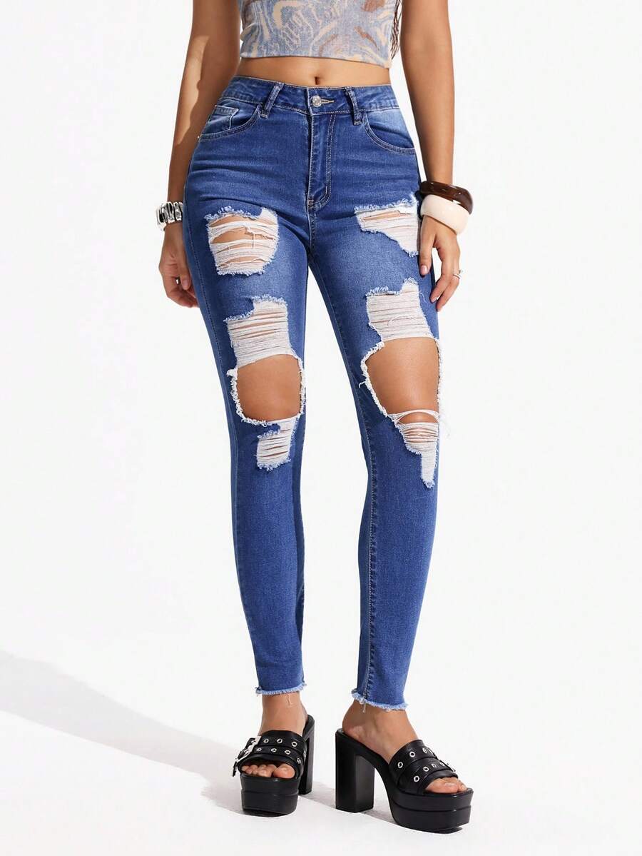 SHEIN Essnce Women's Distressed Skinny Slant Pocket Casual Versatile Jeans - Dark Wash - View 1