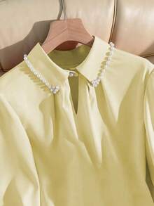 Franclia 女士纯色珍珠领长袖衬衫，粉色，秋季长袖上衣珍珠领衬衫淡黄色奶油黄女式衬衫 - 淡黃色 - 查看 3