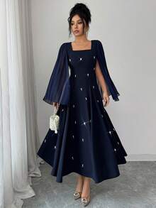 Modelyn Women's Square Neck Pleated Long Sleeve Cinched Waist A-Line Beaded Elegant Party Mid-Length Dress - Blue - View 5