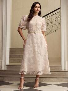ZEYLAH Organza Cutout Waist Tie Midi Dress, Spring/Summer - Apricot - View 4