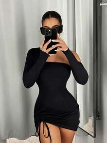 SHEIN ICON Robe Moulante À Col Asymétrique De Couleur Unie Avec Cordon De Serrage À La Taille - Noir - Voir 6