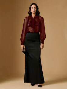 Women's Elegant Sexy Sheer Mesh Tie Neck Blouse - Red - View 9