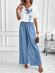 SHEIN Clasi Women's Elegant V-Neck Blouse & Wide Leg Pants Leaf Print 2 Pieces Set - Blue - View 3