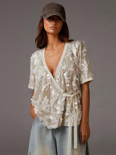 Athîral 女士时尚亮片裹身系带短袖衬衫，夏季