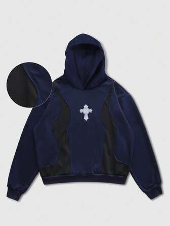 Men's Cross Print Color Block Pullover Hoodie