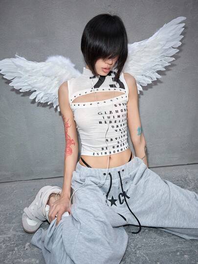 ROMWE Avant Top corto retrò sexy da donna con logo digitale inglese stampato e borchie