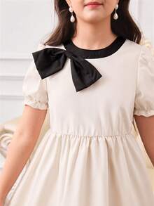 Elladie kids 1pc Girls' Summer New Korean Style Apricot Round Neck, Black Contrast Color, Waist Elastic Bubble Short Sleeve Dress, Simple Yet Fashionable, Suitable For Casual, Commute, Back To School - Apricot - View 4