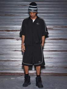 AXEPEAK 男士撞色滚边衬衫和短裤套装 - 黑色 - 查看 1