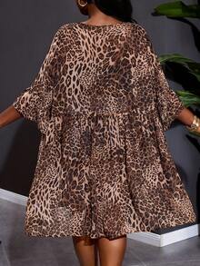 SHEIN CURVE+ Curve 尺码 US22 音乐节、海滨度假、波西米亚风女士豹纹和服，喇叭袖和服，前系带设计，休闲复古风，旅行、机场、显腰，沙滩和服，日常休闲装，简约时尚和服，优雅日常派对，波西米亚风上衣，夏季海滩度假女士沙滩装 - 棕色 - 查看 2