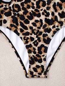 SHEIN Teen Girls' Leopard Print Off-Shoulder One-Piece Swimsuit, Cute Hollow-Out Vacation One-Piece Swimsuit, Beach Holiday, Surfing