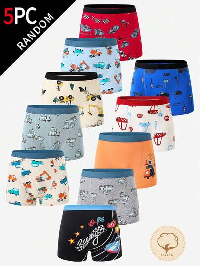 5条/包 男童多色舒适纯棉可爱卡通汽车、挖掘机、赛车印花三角内裤