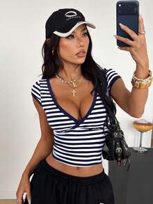 SHEIN EZwear Navy Blue & White Striped Knitted Women's Slim Fit V-Neck T-Shirt - Navy Blue - View 5