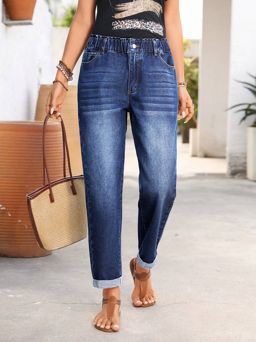 EMERY ROSE Women's Casual Distressed Tapered Leg Jeans - Dark Wash - View 1