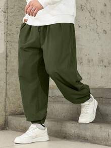 Manfinity Homme Plus Size Men's Solid Color Drawstring Waist Casual Jogger Pants Men Oversized Pants Men's Baggy Sweatpants - Army Green - View 3