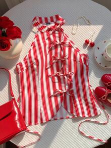 Comfortcana 女士条纹前系带时尚露背吊带衫 - 紅色 - 查看 4