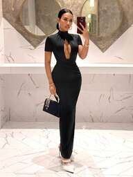 Slaydiva Nouvelles arrivées d'été : Fête d'anniversaire, Rentrée scolaire, Style preppy, Tenue d'étudiant, Sorties décontractées, Articles polyvalents de base, Décontracté, Vacances, Croisière, Plage, Bord de mer, Bronzage, Articles, Style de rue, Sexy et élégant, Robe sans manches avec décolleté découpé, Taille froncée style croisé, Manches en maille, Style cheongsam chinois A