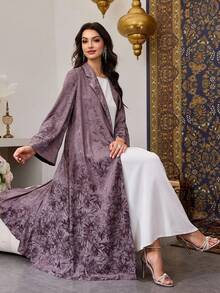 Al Najma Women's Purple Woven Jacquard Long Sleeve Tie-Front Elegant Abaya