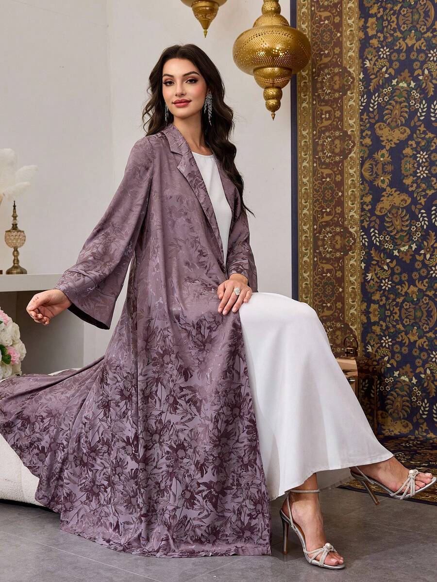 Al Najma Women's Purple Woven Jacquard Long Sleeve Tie-Front Elegant Abaya