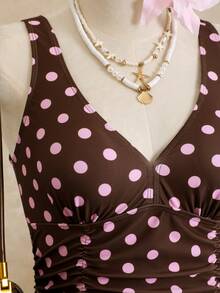 1pc Women's Casual Vacation Minimalist Polka Dot Ruched Adjustable Strap One-Piece Swimsuit, Spring/Summer - Multicolor - View 5