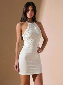 SHEIN BAE 黑色水钻装饰紧身迷你连衣裙，水钻装饰魅力派对礼服，秋季连衣裙，适合夜店、外出、秋季女装、老钱家族风格、派对、鸡尾酒会、正式场合、黑色连衣裙、生日迷你连衣裙 - 白色 - 查看 6