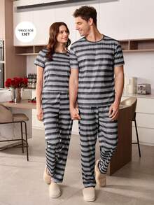 SHEIN Men's Casual Striped Print Round Neck Short Sleeve Pajama Set - Multicolor - View 6