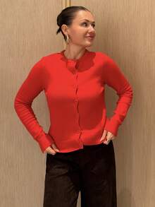 Kuleshova 女士优雅纯色圆领纽扣长袖休闲毛衣上衣，百搭实用，适合圣诞节、日常穿着、商务休闲场合，秋冬季针织衫。 - 紅色 - 查看 4