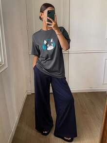 DAZY 2pcs/Set Women Casual Cat Pattern Loose Fit Short Sleeve T-Shirt And Pants Suit - Grey - View 1